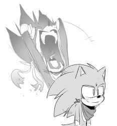  1boy animal_ears animal_nose black_fur commentary dark_sonic english_commentary exhausted furry furry_male gloves greyscale male_focus monochrome motion_lines nugget_pudding screaming smile sonic_(series) sonic_boom_(series) sonic_the_hedgehog tail teeth white_gloves 