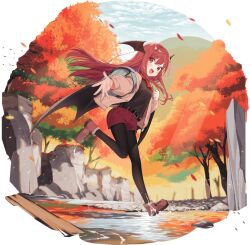 1girl :d alternate_costume artist_request autumn autumn_leaves belt black_belt black_pantyhose blue_sky blush boots brown_cardigan brown_shirt cardigan clouds contemporary day demon_wings full_body game_asset head_wings koakuma leaf leg_up long_hair looking_at_viewer non-web_source official_art open_cardigan open_clothes open_mouth outdoors pantyhose reaching reaching_towards_viewer red_boots red_eyes red_hair red_shoes self-datamine shirt shoes simple_background sky smile solo touhou touhou_arcadia_record transparent_background tree very_long_hair water wings 