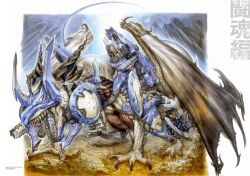  armor black_horns blue_armor blue_tongue bolmeteus_steel_dragon claws colored_tongue dragon dragon_claw dragon_horns dragon_tail dragon_wings duel_masters horns no_humans official_art open_mouth sharp_teeth shishizaru shoulder_cannon signature solo tail teeth translation_request wings yellow_eyes 