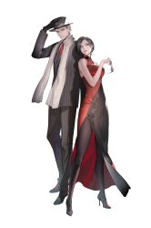  1boy 1girl absurdres ada_wong adjusting_clothes adjusting_headwear black_dress black_hair black_pantyhose china_dress chinese_clothes commentary_request dress full_body hat high_heels highres holding holding_removed_eyewear jacket leon_s._kennedy long_legs multicolored_dress pants pantyhose red_dress resident_evil riio scarf shirt side_slit standing suit_jacket unworn_eyewear white_background 