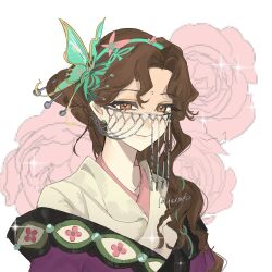  1girl brown_eyes brown_hair butterfly_hair_ornament closed_mouth commentary face_chain floral_background flower hair_ornament highres long_hair looking_at_viewer official_alternate_costume pink_flower pink_rose purple_hanfu reverse:1999 rose smile solo tooth_fairy_(reverse:1999) upper_body white_background yundrawingz 
