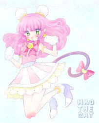  1girl armlet bell bow bowtie bun_cover cat_tail character_name commentary_request full_body gloves green_eyes jewelry jingle_bell long_hair mao_(precure) nene_(oneoneo13) paw_pose pearl_armlet pink_bow pink_bowtie pink_hair precure simple_background skirt sleeveless smile solo star_twinkle_precure striped_clothes striped_skirt tail tongue tongue_out vertical-striped_clothes vertical-striped_skirt white_background white_gloves 