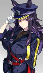  1girl absurdres adjusting_clothes adjusting_headwear animal_ears arm_behind_back belt black_hair black_hat black_jacket breasts closed_mouth colored_inner_hair commentary_request covered_collarbone ears_through_headwear fenomeno_(black_flames_of_the_righteous_spirit)_(umamusume) fenomeno_(umamusume) flipped_hair gloves gradient_background grey_background hand_up hat highres horse_ears horse_girl horseshoe_hat_ornament horseshoe_ornament jacket large_breasts long_hair looking_at_viewer multicolored_hair peaked_cap purple_hair red_belt reibun_(raven1119) simple_background solo umamusume violet_eyes white_gloves 