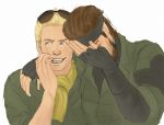  2boys beard big_boss blonde_hair blue_eyes brown_hair facial_hair hand_on_own_face kazuhira_miller laughing metal_gear_(series) metal_gear_solid_peace_walker multiple_boys see_hang sunglasses sunglasses_on_head 