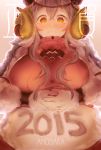  1girl 2015 ahobaka belly blush breasts embarrassed fat horns huge_breasts long_hair looking_at_viewer looking_down monster_girl new_year original pale_skin red_topwear ribbed_sweater sheep_girl sheep_horns solo sweater very_long_hair wavy_mouth white_hair wool wristband yellow_eyes 