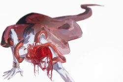  1boy blood blood_on_face blurry blurry_background bracelet colored_skin crawling elden_ring elden_ring:_shadow_of_the_erdtree fingernails full_body grey_skin hair_between_eyes highres jewelry lamia lamia_boy long_fingernails medium_hair messmer_the_impaler messy_hair monster_boy monster_girl pale_skin parted_lips red_hair red_snake sharp_fingernails siyemmm snake snake_wrapped_around_body solo white_background 