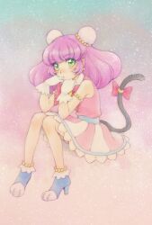 1girl aizen_(syoshiyuki) armlet bow bowtie bun_cover cat_tail collared_dress commentary dress full_body gloves gradient_background green_eyes high_heels highres invisible_chair jewelry long_hair mao_(precure) paw_shoes pink_dress pink_hair precure simple_background sitting skirt sleeveless sleeveless_dress solo star_twinkle_precure striped_clothes striped_skirt tail vertical-striped_clothes vertical-striped_skirt white_gloves 
