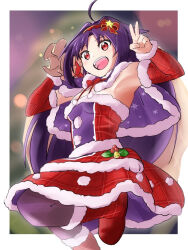  1girl :d ahoge armpits arms_up bare_shoulders boots breasts brown_pantyhose capelet commentary_request dress foot_out_of_frame fur-trimmed_capelet fur-trimmed_dress fur-trimmed_sleeves fur_trim hairband holding holding_sack knee_boots layered_dress leg_up long_hair long_sleeves medium_skirt messy_hair nemu_(46_2367teimei) pantyhose parted_bangs plaid_boots plaid_clothes plaid_dress plaid_sleeves pointy_ears purple_capelet purple_dress purple_hair red_boots red_dress red_eyes red_hairband red_sleeves sack santa_costume skirt sleeveless sleeveless_dress small_breasts smile snowflake_print solo sword_art_online teeth upper_teeth_only v yuuki_(sao) 