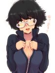  1girl black_hair blush breasts bust cleavage glasses jacket large_breasts looking_at_viewer open_mouth original semi-rimless_glasses simple_background solo translation_request under-rim_glasses white-framed_glasses white_background yanagida_fumita yellow_eyes 