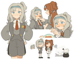  2girls :o ^_^ bird blue_eyes blue_hairband blush checkered_hairband chibi chibi_inset closed_eyes closed_mouth collared_shirt cowboy_shot crossed_arms crystal_ball daku_k dress duck grey_hair grey_shorts grey_sweater hairband hand_on_own_hip hand_up highres long_hair looking_at_another looking_at_viewer matilda_bouanich multiple_girls multiple_views necktie one_side_up pants pants_under_dress red_necktie reverse:1999 shirt shorts smile sonetto_(reverse:1999) sweater two_side_up upper_body white_background white_dress white_pants white_shirt 