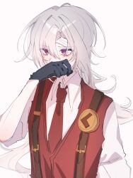  0o_h2so4_xx 1boy badge bandage_on_face bandages black_gloves collared_shirt covering_own_mouth gloves grey_hair hair_between_eyes hand_over_own_mouth hand_up highres limbus_company long_hair low_ponytail lucio_(project_moon) male_focus necktie ponytail project_moon red_necktie red_vest shirt simple_background sleeves_rolled_up solo suspenders upper_body vest violet_eyes white_background white_shirt 