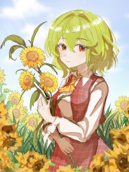  1girl absurdres ascot blue_sky breasts closed_mouth clouds collared_shirt commentary_request day field flower flower_field green_hair hair_between_eyes highres holding holding_flower kazami_yuuka long_sleeves looking_at_viewer medium_breasts medium_hair open_clothes open_vest outdoors plaid_clothes plaid_skirt plaid_vest qing_yu_susurr red_eyes red_vest shirt skirt skirt_set sky smile solo sunflower sunflower_field touhou vest white_shirt yellow_ascot yellow_flower 