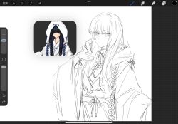  1girl art_program_in_frame bell bow chinese_commentary closed_mouth commentary_request gloves highres japanese_clothes kimono limbus_company lineart long_hair long_sleeves looking_at_viewer monochrome obi project_moon reference_inset ribbon sash screenshot shiomi_yoru_(project_moon) shiromuku simple_background sketch solo standing tsurugi_1953 uchikake unfinished upper_body white_background wide_sleeves 