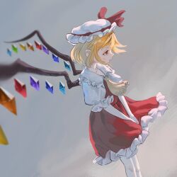  1girl absurdres ascot blonde_hair capybara_(trafficcone09) collared_shirt commentary crystal crystal_wings flandre_scarlet frilled_shirt_collar frilled_skirt frills hat hat_ribbon highres mob_cap multicolored_wings one_side_up puffy_short_sleeves puffy_sleeves red_eyes red_skirt red_vest ribbon shirt short_sleeves skirt skirt_set solo touhou vest white_hat white_shirt wings yellow_ascot 