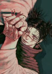  1boy bags_under_eyes black_hair blood choso_(jujutsu_kaisen) commentary_request facial_mark hemokinesis highres jujutsu_kaisen looking_at_viewer male_focus oct_61396020 robe scar scar_on_face short_hair short_twintails simple_background solo twintails undercut white_robe 