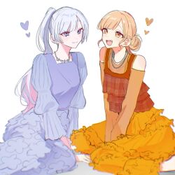 0w0_0307 2girls blonde_hair brown_eyes cho_kaguya-hime! closed_mouth clothing_cutout commentary_request dress fang hair_bun hayami_saori highres kaguya_(cho_kaguya-hime!) long_hair long_sleeves multiple_girls natsuyoshi_yuuko open_mouth orange_dress pink_hair ponytail purple_dress runami_yachiyo short_hair shoulder_cutout simple_background single_hair_bun teeth the_first_take upper_teeth_only violet_eyes voice_actor_connection white_background white_hair 