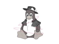  aeki-yi animal_focus bird bow capelet commentary cosplay english_commentary full_body greyscale hat hat_bow highres linux magical_astronomy monochrome no_humans penguin ribbon-trimmed_capelet ribbon_trim sitting solo spot_color touhou tux usami_renko usami_renko_(cosplay) 