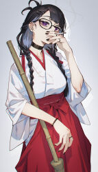  1girl bead_bracelet beads black_choker black_hair black_nails bracelet braid broom choker commentary ear_piercing fuyuno_yuuki glasses grey_background hakama highres japanese_clothes jewelry kagurazaka_mei_(fuyuno_yuuki) kimono looking_at_viewer miko mole mole_under_eye multiple_rings original piercing red_hakama ring simple_background smoking solo twin_braids untranslatable_commentary violet_eyes white_kimono 