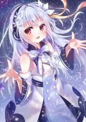  1girl :d bare_shoulders blue_bow blue_bowtie blue_dress blue_hair blush bow bowtie breasts buttons commentary_request cowboy_shot detached_sleeves diamond_button double-breasted dress floating_hair fur-trimmed_sleeves fur_trim hair_between_eyes hair_intakes hair_ornament hair_ribbon hamidashi_creative hands_up headphones highres long_hair long_sleeves looking_at_viewer open_mouth orange_ribbon osaka_nanoka outdoors outstretched_hand red_eyes ribbon sidelocks sleeveless sleeveless_dress small_breasts smile snowflake_hair_ornament snowing solo two-tone_bow two-tone_bowtie two-tone_dress white_bow white_bowtie white_dress wide_sleeves winter yukige_shiki 