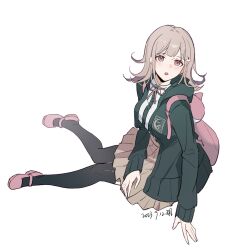  1girl backpack bag black_thighhighs blazer breasts brown_skirt chinese_commentary commentary_request danganronpa_(series) danganronpa_2:_goodbye_despair dated flipped_hair full_body green_jacket green_necktie grey_hair hand_on_own_leg hand_rest highres hood hood_down hooded_jacket jacket knees_together_feet_apart long_sleeves looking_to_the_side mary_janes medium_breasts medium_hair nanami_chiaki necktie open_clothes open_jacket pink_bag pink_eyes pink_shoes pleated_skirt shoes signature simple_background sitting skirt solo thigh-highs turning_around unfinished white_background yilansideless 