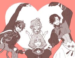 1boy 2girls :3 :d ahoge beads bell braid closed_eyes commentary doppio_dropscythe doppio_dropscythe_(1st_costume) double_finger_heart double_v fangs finger_heart flower glasses hair_beads hair_flower hair_ornament heart heart_hands heart_hands_trio highres hizashi_max low_twin_braids medium_hair millie_parfait millie_parfait_(1st_costume) monochrome multiple_girls neck_bell nijisanji nijisanji_en pink_background smile twin_braids untranslatable_commentary v vezalius_bandage virtual_youtuber yaguruma_rine yaguruma_rine_(1st_costume) 