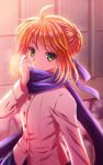  03oni5a5ino30 1girl ahoge blonde_hair breath coat fate/stay_night fate_(series) green_eyes saber scarf solo winter_clothes 