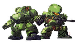  al-97h_hannibal arl-99_helldiver arm_mounted_weapon assault_visor chibi commentary_request full_body gatling_gun kidou_keisatsu_patlabor legs_apart mecha mecha_focus missile_pod orange_assault_visor robot simple_background standing taedu white_background 