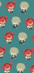  1boy 1girl absurdres ahoge artist_name ascot black_hairband blush_stickers closed_eyes commentary_request earrings elan_ceres green_background green_hair green_jacket gundam gundam_suisei_no_majo hair_between_eyes hairband highres jacket jewelry necktie no_mouth red_hair rizu_(rizunm) simple_background sitting suletta_mercury twitter_username white_ascot white_jacket yellow_necktie 