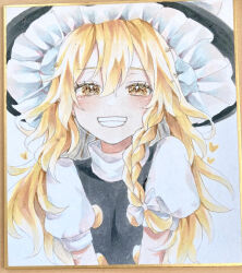  1girl black_hat black_vest blonde_hair blush bow braid commentary_request furawast grin hair_between_eyes hair_bow hat hat_bow heart highres kirisame_marisa long_hair photo_(medium) puffy_short_sleeves puffy_sleeves shikishi short_sleeves side_braid single_braid smile solo touhou traditional_media upper_body vest white_bow witch_hat yellow_eyes 
