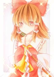  1girl ascot bow breasts brown_hair commentary_request detached_sleeves frilled_bow frilled_hair_tubes frills furawast gohei hair_bow hair_tubes hakurei_reimu highres holding holding_gohei long_hair looking_at_viewer marker_(medium) medium_breasts red_bow red_eyes red_skirt skirt skirt_set solo sparkle touhou traditional_media yellow_ascot 