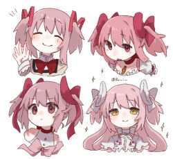  4girls bare_shoulders blush blush_stickers bow brooch buivi buttons center_frills chest_jewel choker close-up closed_eyes closed_mouth collarbone commentary_request cropped_shoulders dot_nose expressionless facing_viewer frilled_sleeves frills frown furrowed_brow gem gloves goddess_madoka hair_between_eyes hair_bow hair_ribbon half-closed_eyes halterneck hand_up hands_up happy head_tilt high_collar highres interlocked_fingers jewelry juliet_sleeves kaname_madoka kaname_madoka_(magical_girl) layered_sleeves light_smile long_hair long_sleeves looking_afar looking_ahead looking_at_viewer mahou_shoujo_madoka_magica mahou_shoujo_madoka_magica:_walpurgis_no_kaiten mahou_shoujo_madoka_magica_(anime) mitakihara_school_uniform multiple_girls multiple_persona neck_ribbon nose_blush notice_lines official_alternate_costume official_alternate_hair_ornament overlighting own_hands_clasped own_hands_together parted_lips pink_bow pink_gem pink_hair pink_ribbon puffy_short_sleeves puffy_sleeves red_choker red_ribbon ribbon ribbon_choker school_uniform serious shirt short_sleeves short_twintails sidelocks simple_background single_horizontal_stripe sleeve_cuffs smile soul_gem sparkle square_neckline straight-on twintails twitter_username two_side_up upper_body very_long_hair waving wavy_hair white_background white_bow white_choker white_gloves white_ribbon yellow_eyes yellow_shirt 