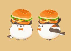  animal animal_focus artist_name bird bow bowtie bread_bun brown_background burger cheese commentary_request food food-themed_hat food_wrapper ketchup lettuce long-tailed_tit multiple_views no_humans orange_bow orange_bowtie original rizu_(rizunm) simple_background tit_(bird) 