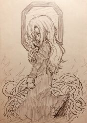  1girl absurdres character_request closed_mouth commentary_request dress efukei flower from_side highres holding holding_flower holding_knife juliet_sleeves knife long_hair long_sleeves plant puffy_sleeves solo touhou traditional_media vines 
