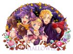  1girl 2boys animal_ears blonde_hair caesar_anthonio_zeppeli candy cape crescent_moon cup gloves halloween hat jack-o&#039;-lantern jojo_no_kimyou_na_bouken joseph_joestar_(young) kaya_(sayaka18) moon multiple_boys paw_gloves pointy_ears pumpkin purple_hair staff suzi_quatro vampire wand werewolf wine_glass witch witch_hat wolf_ears 