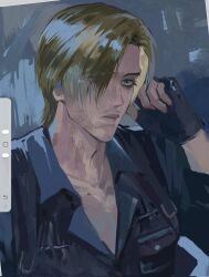  1boy 7554shan art_program_in_frame bags_under_eyes beard_stubble black_gloves black_vest blonde_hair blue_eyes blue_shirt collared_shirt commentary facial_hair fingerless_gloves gloves hair_over_one_eye highres leon_s._kennedy looking_to_the_side male_focus parted_lips resident_evil resident_evil_6 screenshot shirt short_hair solo stubble vest 