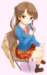  1girl blush brown_eyes brown_hair heart heart-shaped_pupils highres idolmaster idolmaster_cinderella_girls long_hair looking_at_viewer nagian plaid plaid_skirt shimamura_uzuki side_ponytail sitting skirt smile solo sweater symbol-shaped_pupils 