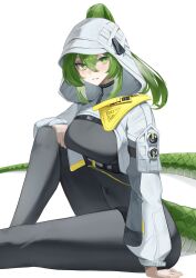  1girl absurdres arknights arknights:_endfield black_bodysuit bodysuit breasts bright_pupils covered_navel feet_out_of_frame fluorite_(arknights) green_eyes green_hair hair_between_eyes hand_on_own_leg highres hood hood_up hooded_shrug large_breasts long_sleeves looking_at_viewer medium_hair remapack77 shrug_(clothing) simple_background sitting smile solo tail white_background white_pupils white_shrug 