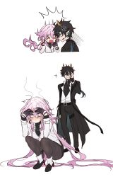  1boy 1girl black_flower black_hair black_pantyhose chibi closed_eyes commentary crying dan_heng_(honkai:_star_rail) dan_heng_(permansor_terrae)_(honkai:_star_rail) dragon_boy dragon_horns evernight_(honkai:_star_rail) eyeliner flower headbutt highres honkai:_star_rail honkai_(series) horns long_hair makeup march_7th_(honkai:_star_rail) pantyhose pink_hair red_eyeliner sp0i0ppp squatting very_long_hair x_x yellow_horns 