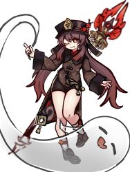  1girl 1other =_= absurdres black_shoes black_shorts boo_tao_(genshin_impact) bright_pupils brown_coat brown_hair chinese_clothes coat collared_coat fang flower flower-shaped_pupils full_body genshin_impact ghost gradient_hair hat hat_flower highres hu_tao_(genshin_impact) long_hair long_sleeves mandarin_collar multicolored_hair one_eye_closed open_mouth pankou plum_blossoms polearm red_eyes red_flower red_hair red_shirt rice0892 shirt shoes shorts simple_background skin_fang sleeve_cuffs socks solo_focus spear staff_of_homa_(genshin_impact) standing standing_on_one_leg symbol-shaped_pupils tailcoat tassel twintails weapon white_background white_pupils white_socks 