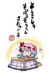  1girl :3 =3 bat_wings blue_hair blush chibi chopsticks commentary_request cushion eating food highres kotatsu looking_at_viewer mob_cap noai_nioshi noodles patch remilia_scarlet short_hair soba solo table touhou translation_request wings |_| 