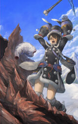  1girl bag belt black_boots black_coat blue_bag boots breath brown_eyes brown_hair clouds coat commentary_request fur-trimmed_boots fur-trimmed_coat fur-trimmed_headwear fur_trim hat highres khezu_whelp kushala_daora malomalobear monster_hunter_(character) monster_hunter_(series) mountain open_mouth outdoors pickaxe pom_pom_(clothes) pouncing red_belt saliva saliva_trail sharp_teeth short_hair shoulder_bag sky surprised sweat tearing_up teeth top_hat 