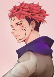  1boy chiiwaffle closed_mouth commentary english_commentary extra_eyes facial_tattoo highres hood hood_down hooded_jacket jacket jujutsu_kaisen looking_at_viewer male_focus pink_background portrait purple_hood red_eyes red_hair ryoumen_sukuna_(jujutsu_kaisen) short_hair sideways_glance simple_background solo spiky_hair tattoo undercut white_jacket 