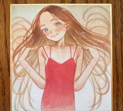  1girl bare_shoulders blonde_hair blue_eyes blush commentary dress flat_chest forehead haguhagu_(rinjuu_circus) hair_spread_out highres long_hair looking_at_viewer original photo_(medium) red_dress sasha_(haguhagu) shikishi smile solo sparkle traditional_media untranslatable_commentary very_long_hair 