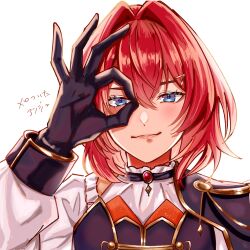  1girl ange_katrina blue_eyes blush closed_mouth commentary_request gloves hair_between_eyes hair_intakes hair_ornament hand_up highres ht47183 layered_shirt lips long_sleeves looking_at_viewer medium_hair multicolored_eyes nijisanji nijisanji_idol_uniform ok_sign ok_sign_over_eye portrait purple_gloves purple_shirt red_hair shirt simple_background sleeve_cuffs smirk solo straight-on translation_request triangle_hair_ornament two-tone_eyes violet_eyes virtual_youtuber white_background white_shirt 