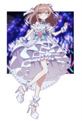  1girl ankle_cuffs aqua_bow aqua_bowtie bare_shoulders blurry blurry_background blush bow bowtie brown_hair choker closed_mouth commentary_request crown dress flower frilled_dress frilled_thigh_strap frills full_body glowstick green_eyes hair_intakes hair_ornament hair_ribbon hairclip hewdrawobake high_heels highres layered_dress long_hair mini_crown nijisanji pink_flower pink_rose ribbon rose shoes simple_background smile solo striped_bow suzuhara_lulu suzuhara_lulu_(3rd_costume) thigh_strap two-tone_bow virtual_youtuber white_ankle_cuffs white_background white_bow white_choker white_dress white_ribbon white_shoes white_wrist_cuffs wrist_cuffs 