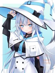  1girl animal_ears barcode belt belt_buckle black_shirt blue_background blue_belt blue_hood blue_necktie blue_streaks border breasts bright_pupils buckle buttons capelet closed_mouth coat coat_around_waist commentary_request commission double-breasted double-parted_bangs fingernails hat hat_belt highres hood hooded_capelet jewelry juliet_sleeves long_hair long_sleeves looking_at_viewer multicolored_hair necktie nekonoyuto original puffy_sleeves ring shirt sidelocks single_hair_streak skeb_commission small_breasts smile solo streaked_hair tail upper_body very_long_hair watermark white_border white_capelet white_coat white_hair white_hat white_pupils witch_hat wolf_ears wolf_girl wolf_tail 