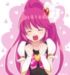  1girl aino_megumi bangs bow closed_eyes cure_lovely hair_ornament happinesscharge_precure! heart_hair_ornament long_hair magical_girl marblewars open_mouth pink_hair ponytail precure puffy_short_sleeves puffy_sleeves short_sleeves smile solo swept_bangs twitter_username wrist_cuffs 