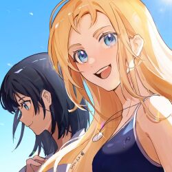  2girls bare_shoulders black_hair blonde_hair blue_background blue_eyes blue_sky breasts closed_mouth dated day from_side glint gradient_background hand_up happy jewelry kofune_mio kofune_ushio lens_flare long_hair looking_ahead looking_to_the_side medium_breasts multiple_girls necklace open_mouth outdoors pendant portrait profile side_part sidelighting signature sky smile solo_focus straight_hair summertime_render sunlight swimsuit teeth upper_teeth_only wet yilansideless 