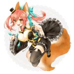  1girl animal_ears artist_name bare_shoulders black_legwear blush breasts caster_(fate/extra) cat_paws cleavage cleavage_cutout detached_sleeves fate/extra fate/extra_ccc fate_(series) fox_ears fox_tail hair_ribbon hat highres large_breasts looking_at_viewer mini_top_hat open_mouth paws pink_hair ribbon simple_background solo tail top_hat twintails white_background yellow_eyes 