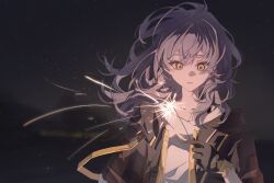  1girl black_gloves black_jacket black_sky blurry blurry_background collarbone commentary fireworks floating_hair gloves grey_hair hair_between_eyes hand_up highres holding holding_fireworks honkai:_star_rail honkai_(series) jacket lapels long_hair long_sleeves looking_at_object looking_down night open_clothes open_jacket outdoors shirt sidelocks sky solo sparkler star_(sky) starry_sky stelle_(honkai:_star_rail) t-shirt teeth trailblazer_(honkai:_star_rail) upper_body wavy_hair white_shirt yellow_eyes yunzhongxing 